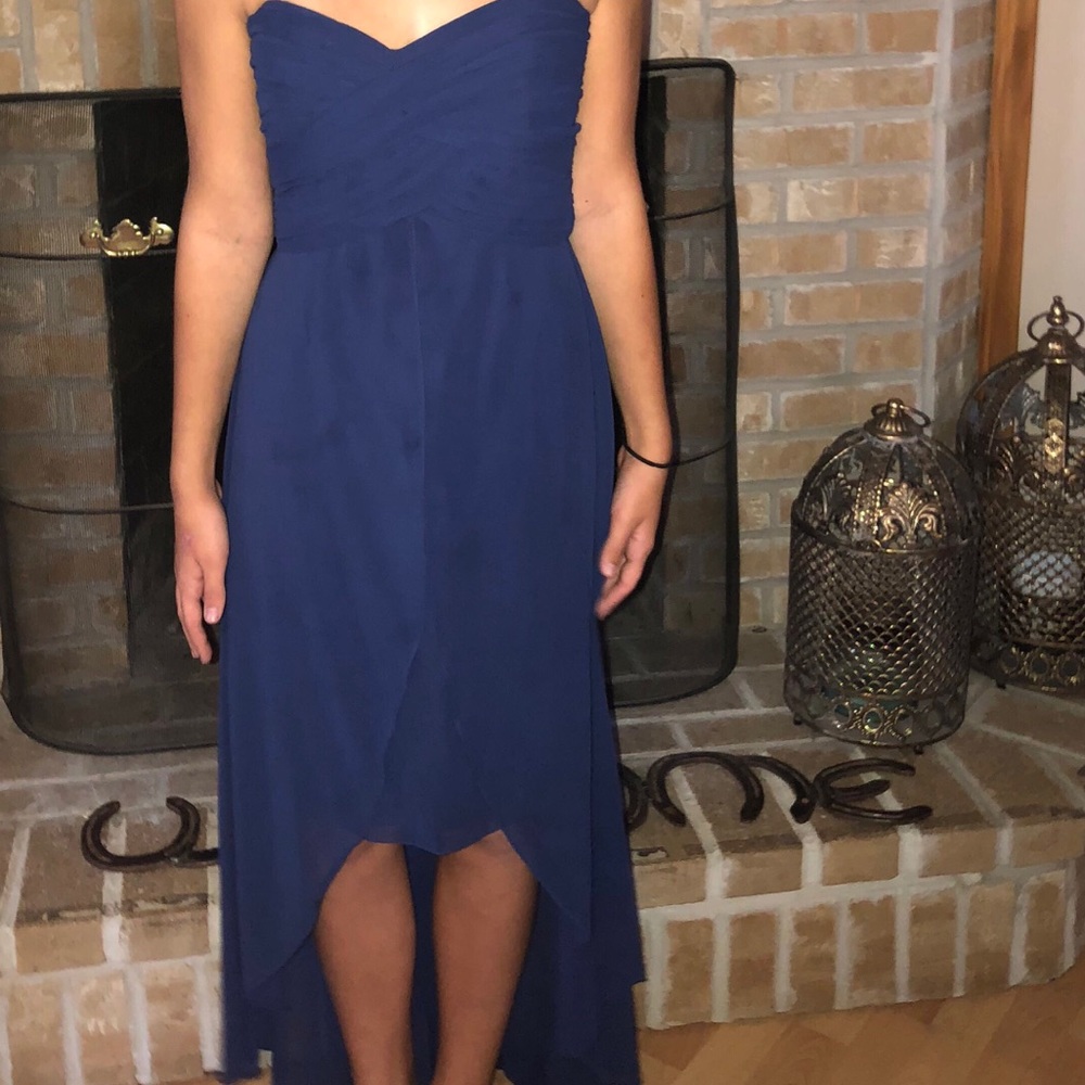High low David’s bridal strapless dress